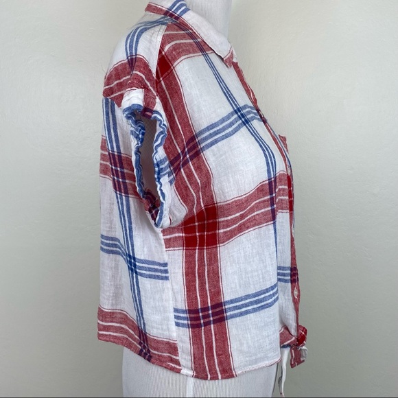Rails Amelie Carmine Linen Blend Tie Front Shirt in Blue White Red - Picture 5 of 11